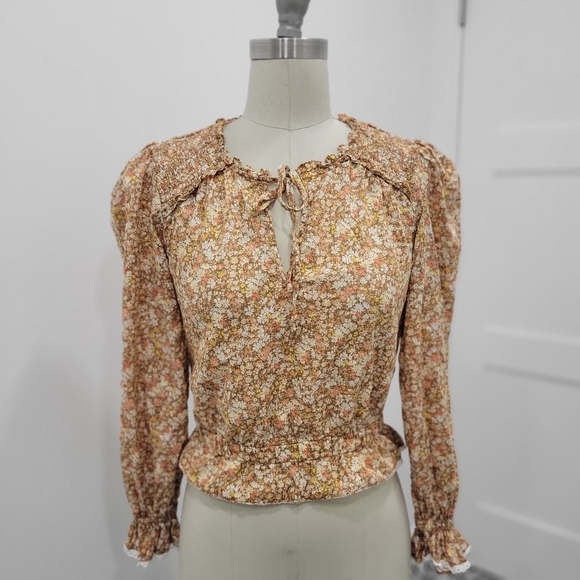 American Eagle Outfitters Tops - American Eagle Boho Floral Smock Detail Tie Neck Longsleeve Blouse Size S